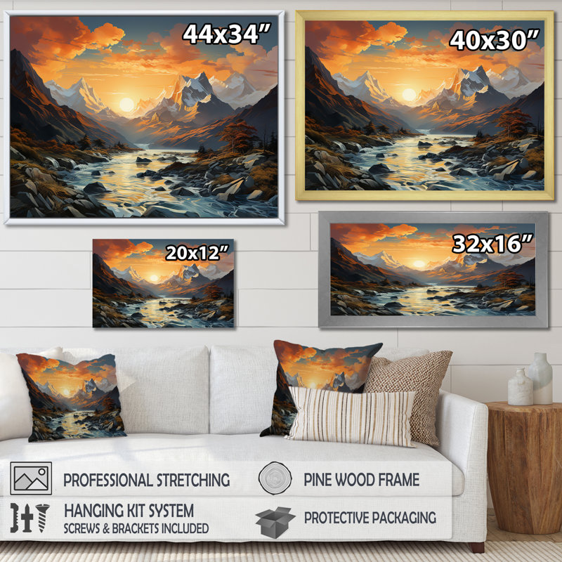 Montagne coucher de soleil sérénité, Cadre flottant doré, H 30 po x l 40 po x P 1,5 po
