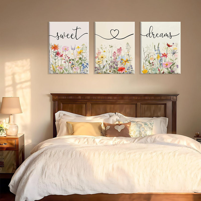 Framed Bedroom Canvas Wall Art Set Of 3 Farmhouse Sweet Dreams Colorful Wildflowers Pictures Prints Wall Decor For Above Bed Wall Decor Bedroom Decor 12X16in