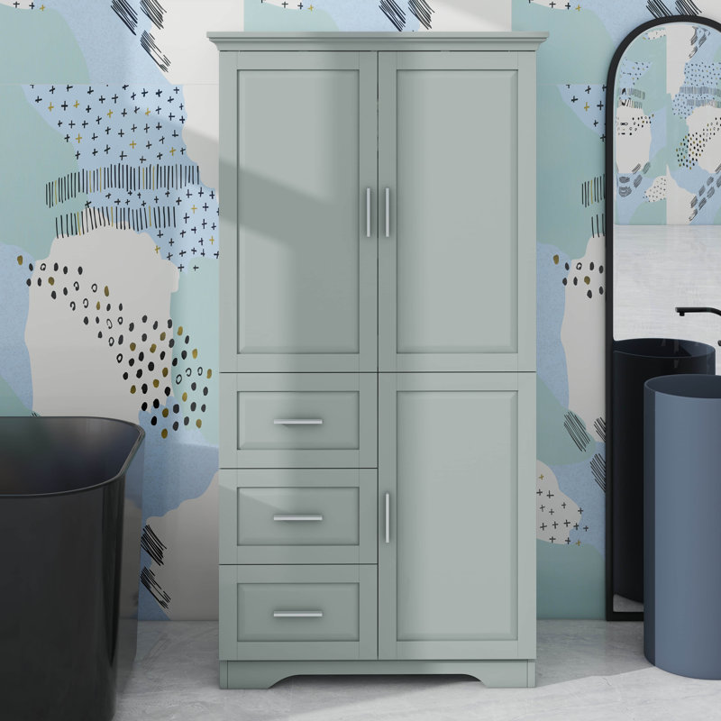 Armoire de salle de bain moderne, armoire de rangement en bois avec 3 tiroirs et 3 portes pour salle de bain, bureau, Gris