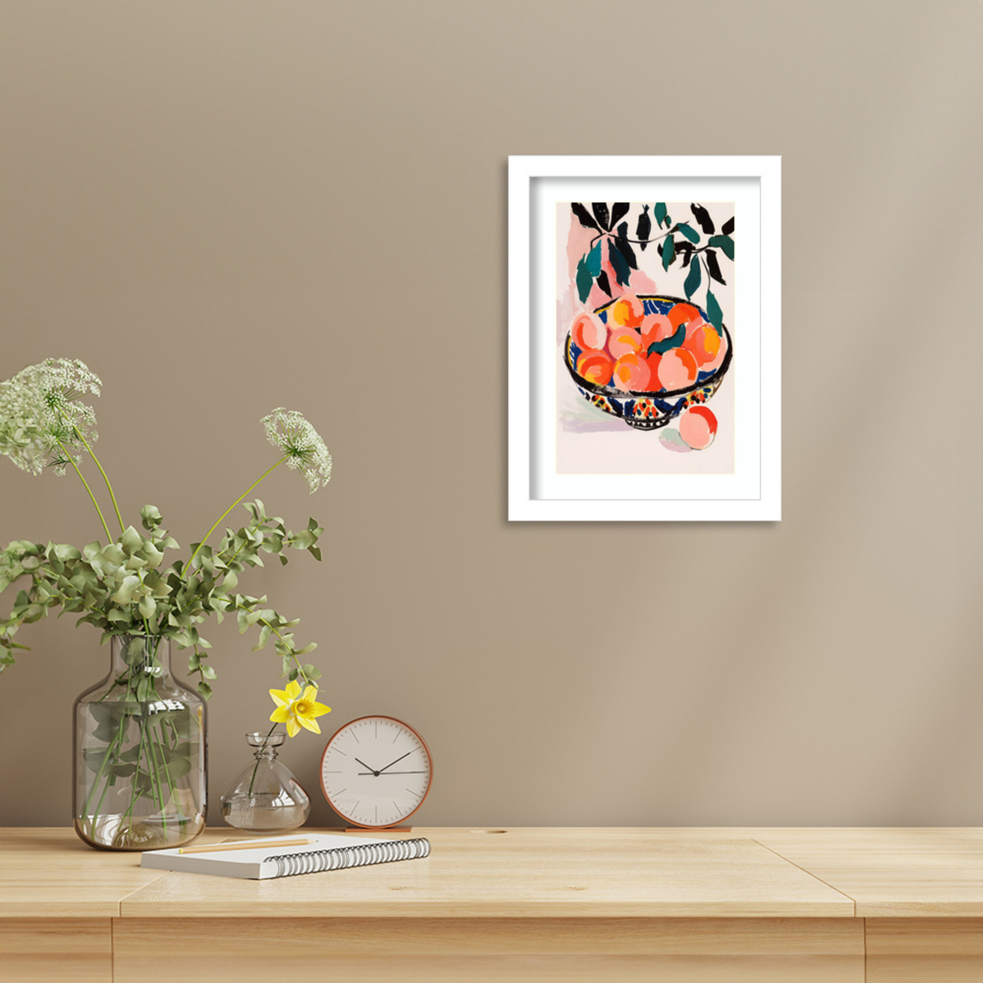 Fresh Peach Fruit Bowl by Treechild Wood Framed Wall Art Print, White Framed, 13" H x 10" W