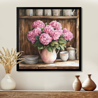Hortensias à la ferme dans un vase en poterie III - hydrangées, art mural