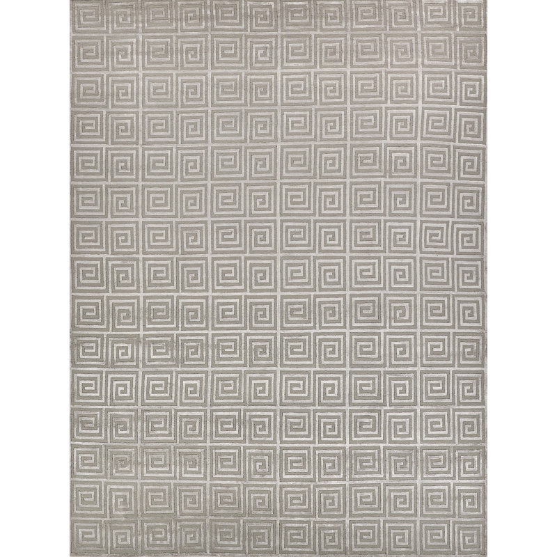 Greek Key Geometric Area Rug in Blue, Rectangle 8' x 10', Silver
