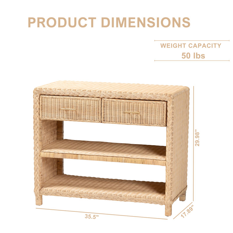 Console en rotin naturel tressé avec tiroirs et tablettes de rangement Frederick