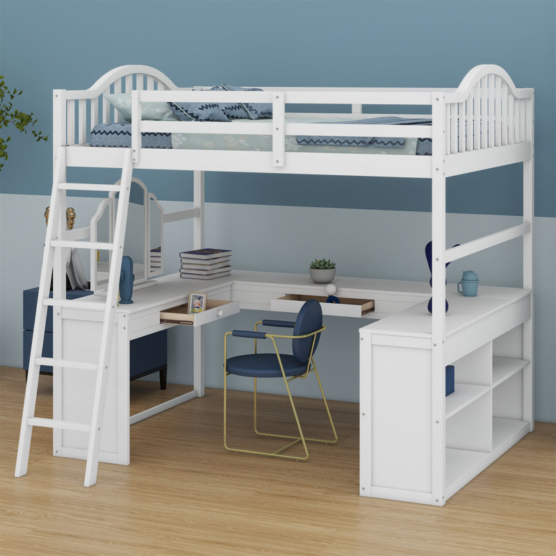 Lit mezzanine en bois avec bureau en U, compartiments de rangement et miroir à trois volets, Blanc