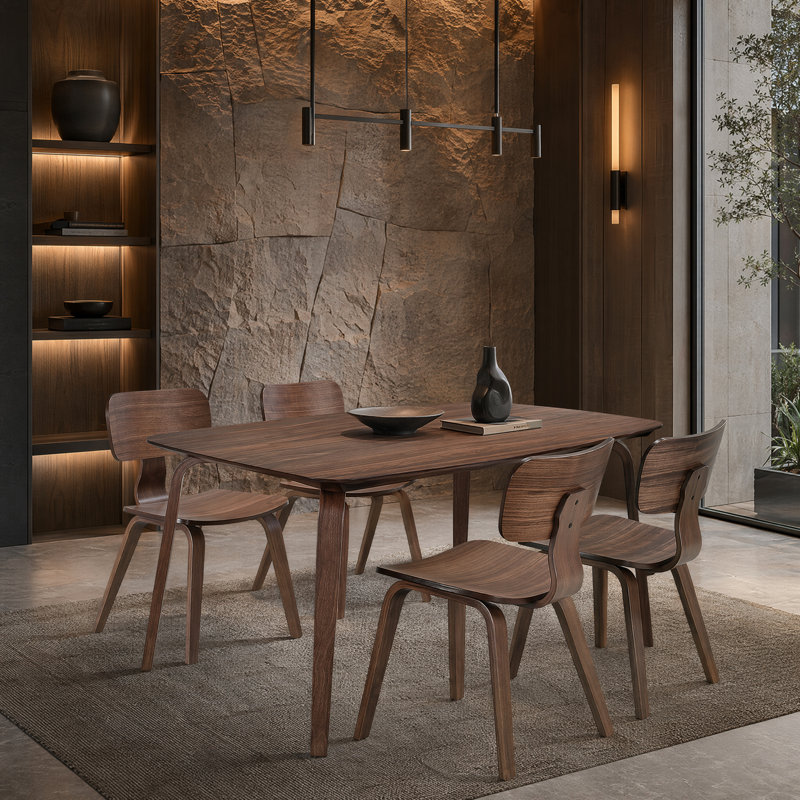 Nova Wood Dining Set with Curved Chairs, Brown, 4
