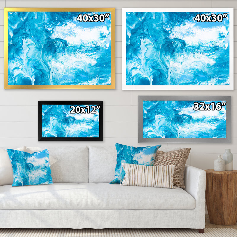 Art liquide en bleu clair et turquoise - Peinture sur toile, H 25,5 po x l 33,5 po x P 1 po, Cadre doré