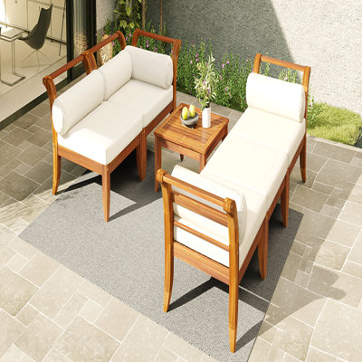 Ensemble de canapé de patio 6 pièces en teck + beige Ensemble de mobilier de jardin modulaire d'extérieur en bois d'acacia Ensemble de conversation convertible en forme de L