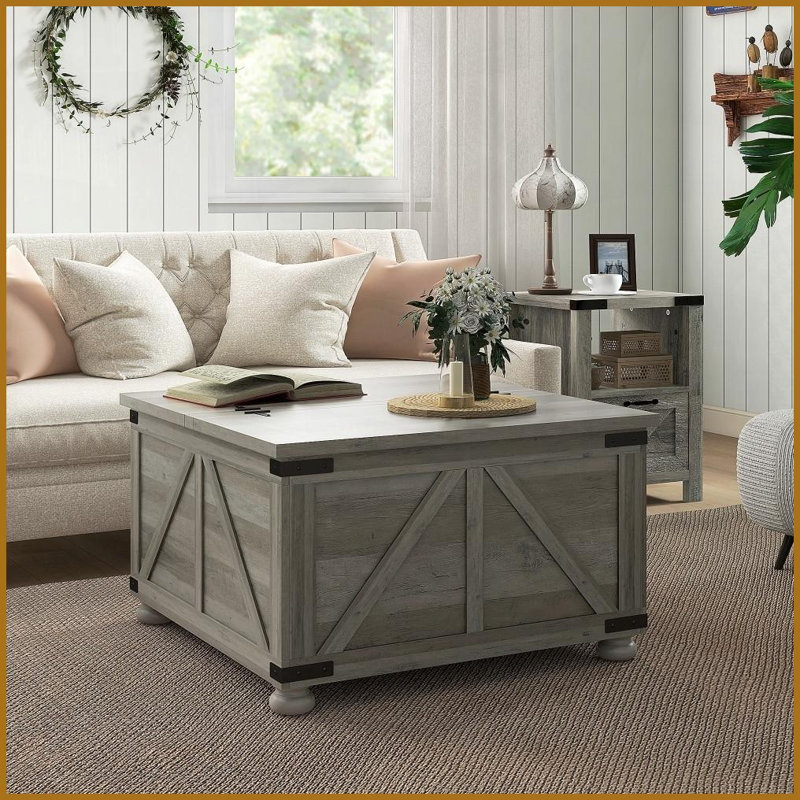 Table basse Farmhouse pour le salon - Plateau relevable à charnières, rangement caché Surface en mélamine facile à nettoyer