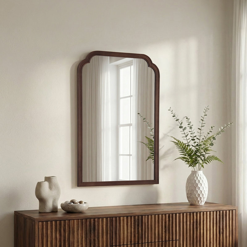 Ancalin Solid Wood Arched Wall Mirror, Walnut, 36" x 24"