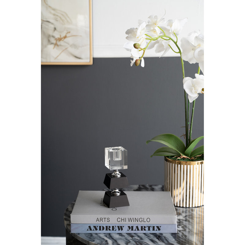 2.4X2.4X5.9" Black And Clear Two Tiered Square Candle Holder