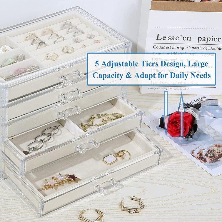 Latitude Run® 5 Drawers Acrylic Jewelry Organizer, Birthday And Back To  School Gifts, Women Large Clear Jewelry Box, Velvet Jewelry Display Case  For Earrings, Rings, Necklaces, (Gray)