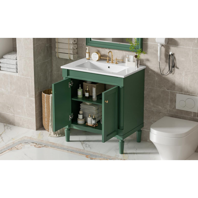 Meuble-lavabo simple autoportant de 30 po avec comptoir en céramique et tablette réglable, Vert