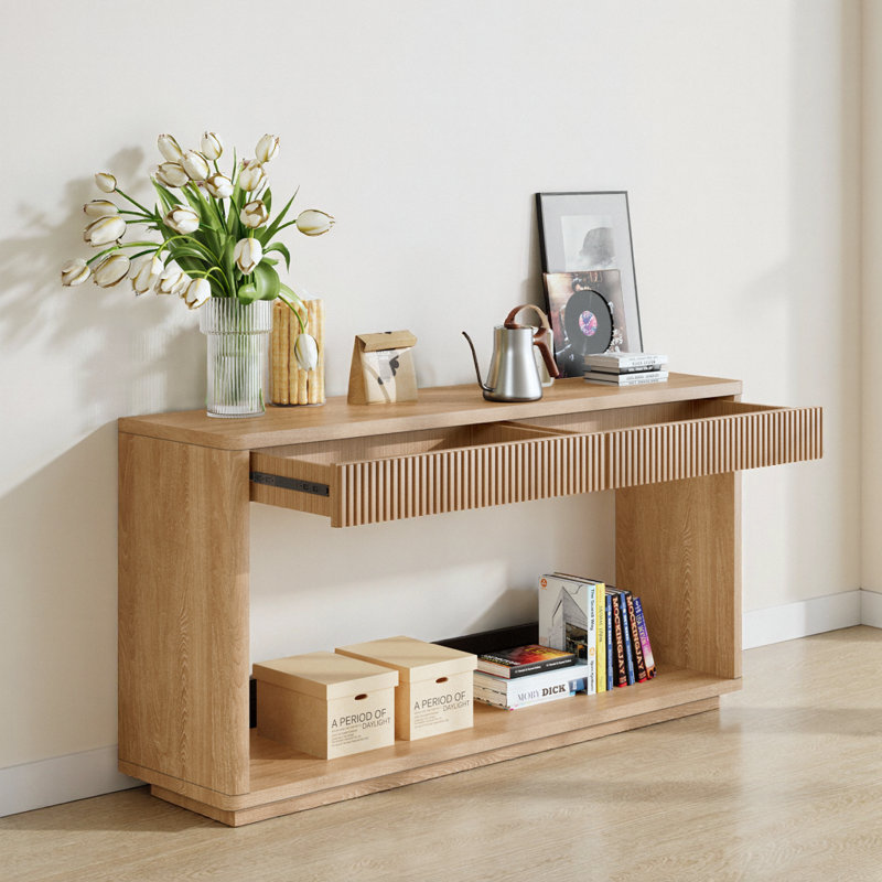 60-inch Modern Fluted Console Table with 2 Drawers - Sofa Table for Living Room, Hallway & Entryway, Natural Wood