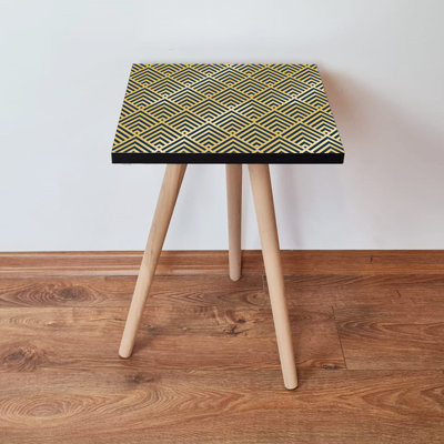 Modern Side Table with Beech Wood Legs, Gold & Navy Blue, 13.8 x 16.5 x 13.8 inches | 100% MDF, Thickness: 0.7 inches | Geometric Design, Perfect for Living Room & Bedroom, Stylish & Functional Accent Piece