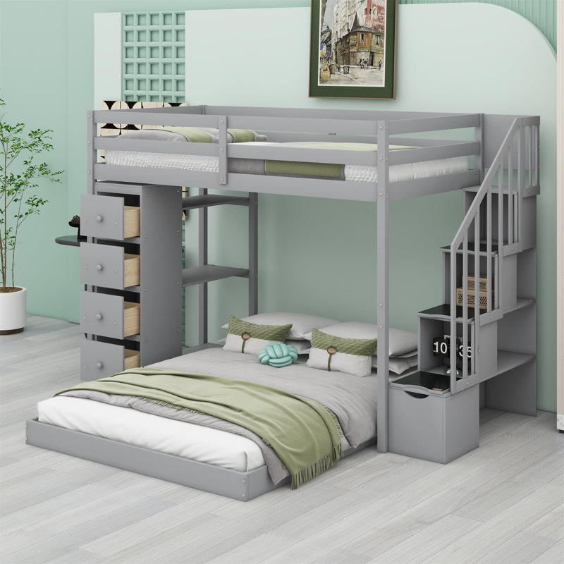 Twin Over Full Bunk Bed With Shelves, Drawers And Storage Stairs, Gray