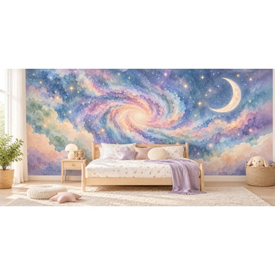 Pastel Galaxy Wallpaper Mural, Peel and Stick Kids Room Wall Mural, Watercolor Space Nursery Wallpaper