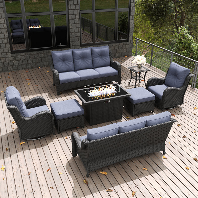  8 Pieces Outdoor Patio Furniture Set With Fire Pit Table, Rattan Wicker Sectional Swivel Rocker Chairs Sets With Ottomans, Swivel Glider Chair And Coffee Table