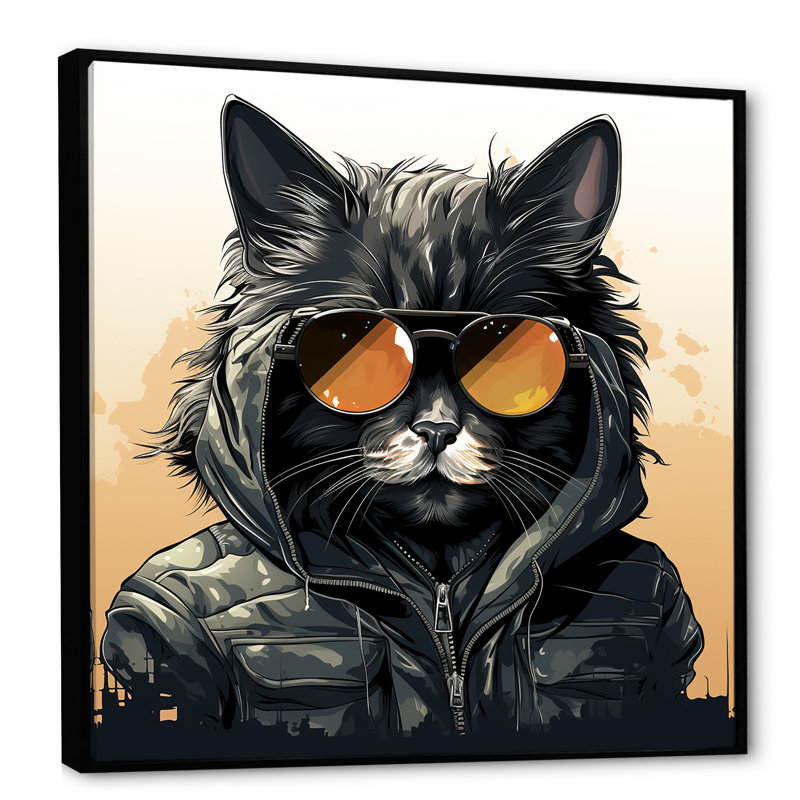 Chat noir dans des verres sur toile, H 24 po x l 24 po x P 1 po, Cadre flottant noir