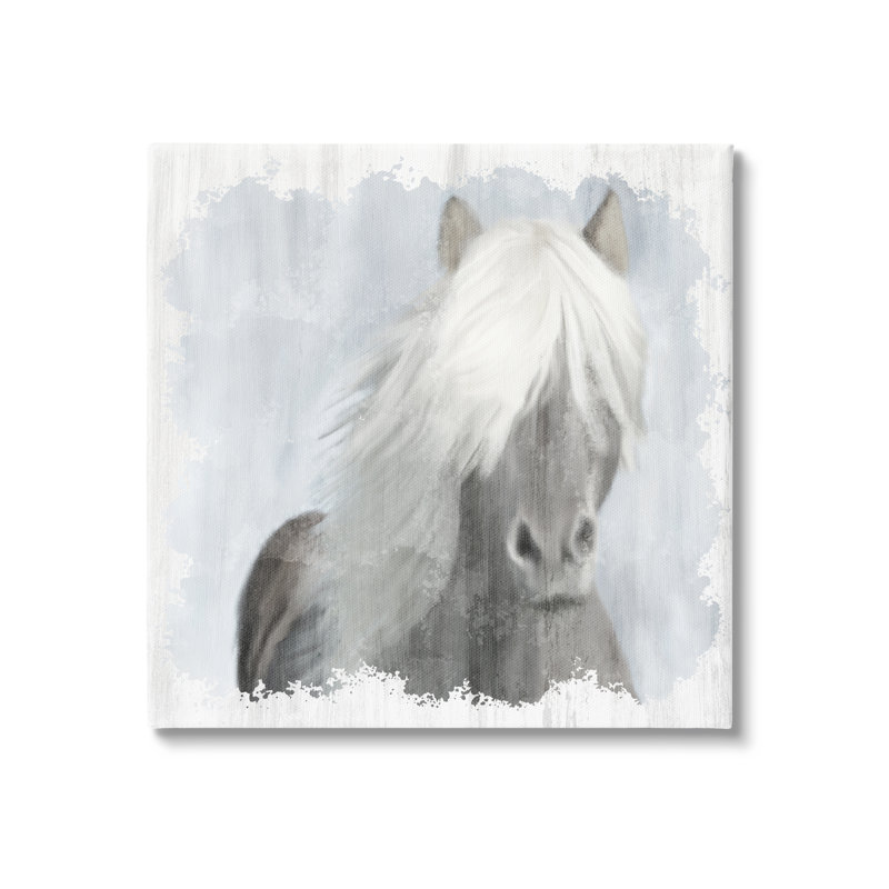 «Dreamy White Mane Horse Rustic Farmland» par Kim Allen - Peinture, Toile tendue, H 17 po x l 17 po x P 1,5 po