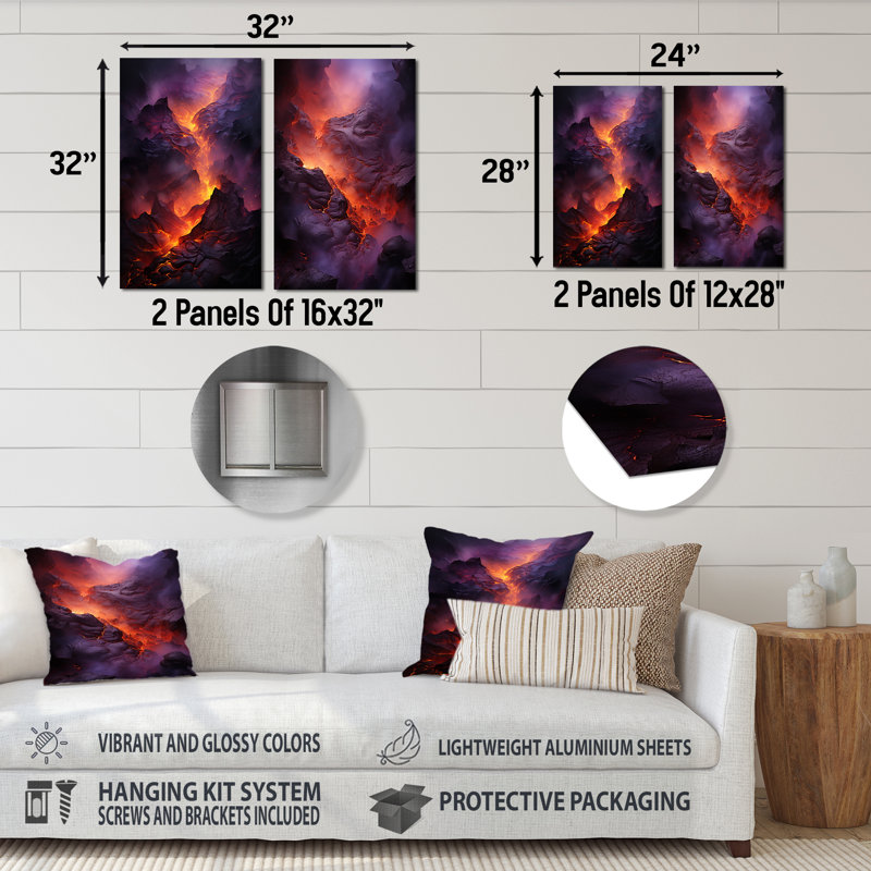 Volcano Volcanic Glow - ensemble de 2 reproductions d'art en métal Volcano, H 32 po x l 32 po