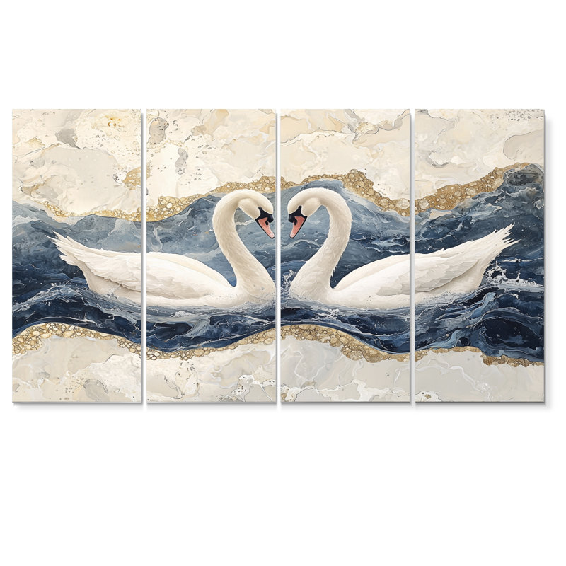 Marbre dansant du cygne IV - décoration murale animal cygnes - art mural moderne 4 pièces, H 28 po x l 48 po