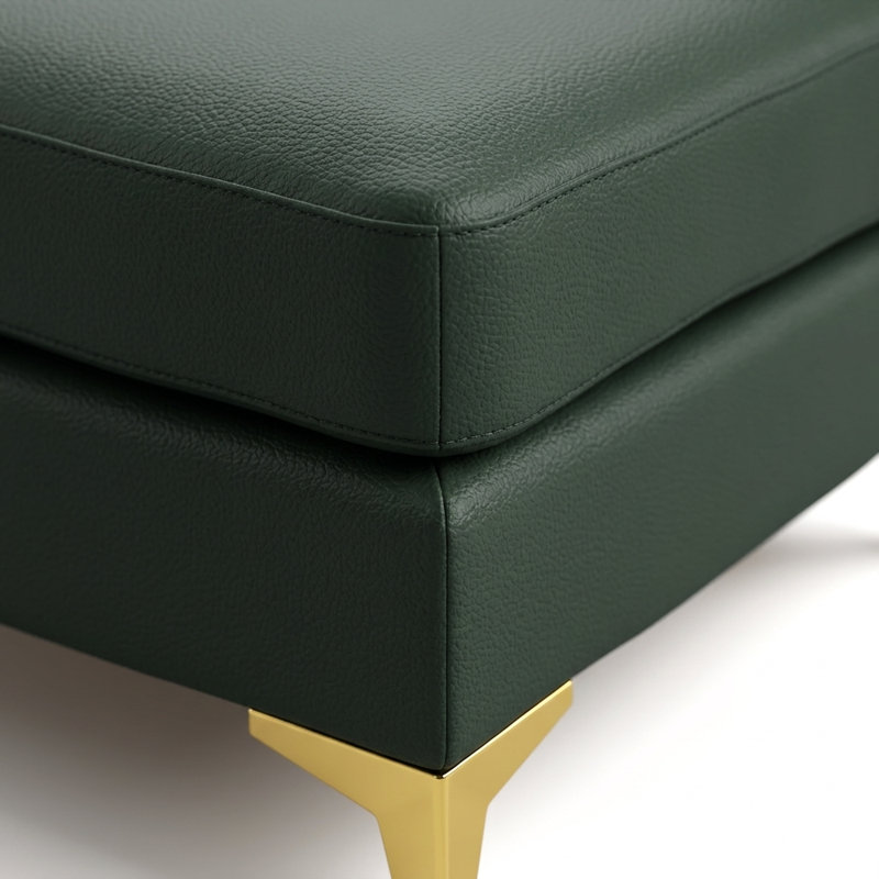 Pouf en similicuir vert, tabouret de luxe capitonné à la main avec pieds en métal élégants