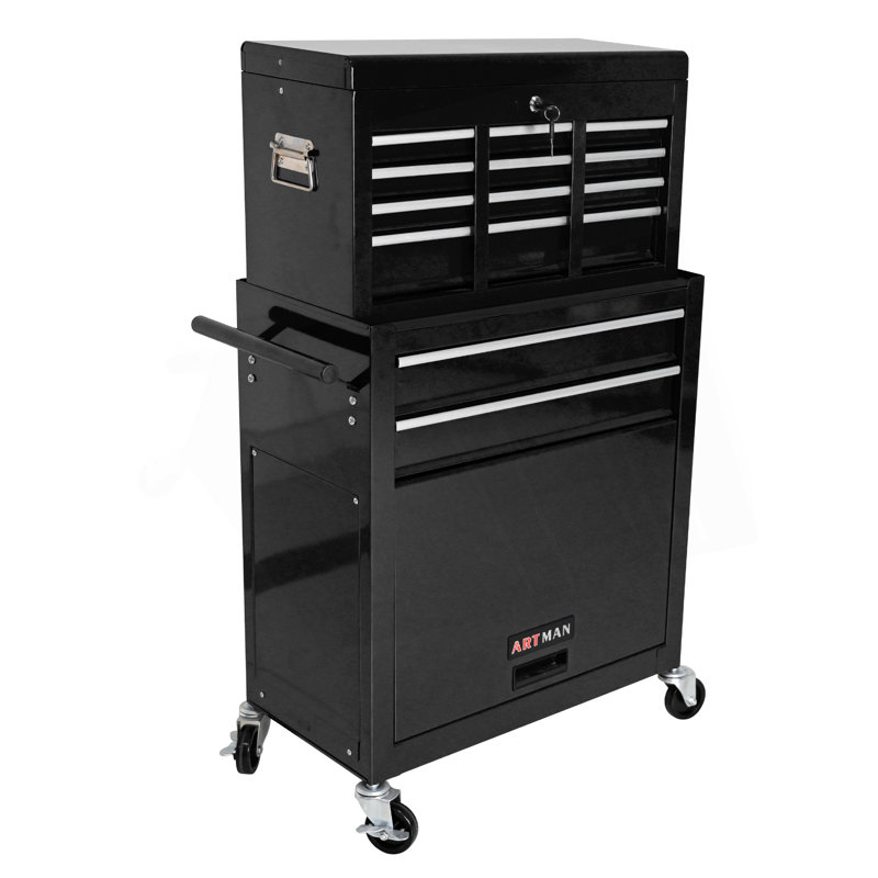 Coffre à outils roulant avec roulettes et tiroirs, armoire de rangement pour outils à 8 tiroirs, Noir
