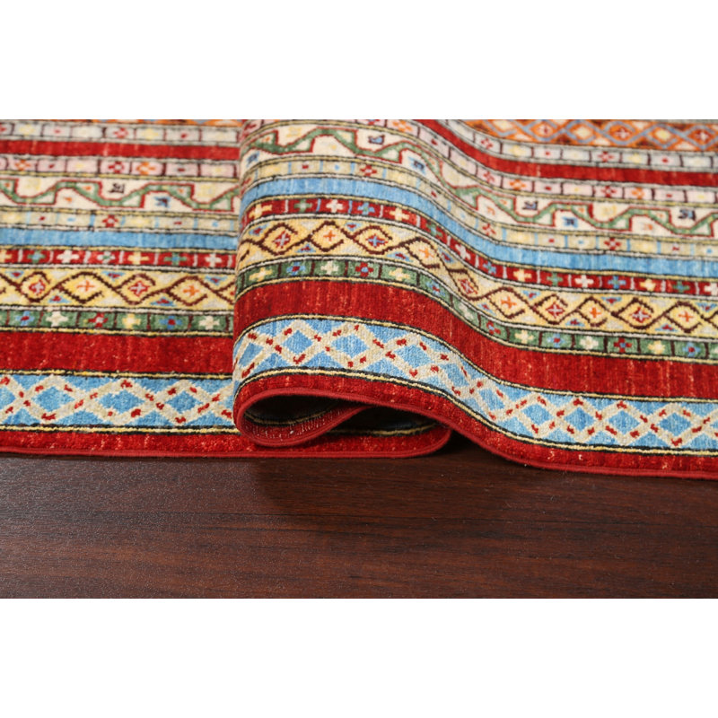 Tapis beige / rouge / beige en laine noué à la main de conception unique 5 pi 10 po x 7 pi 8 po