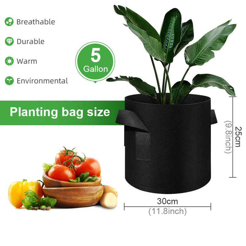 5-Pack 5-Gallon Black Felt Grow Bags – Heavy-Duty Breathable Fabric Planters, 5 Gallon, Black