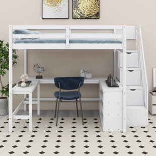 Pine Wood Frame Loft Bed With Built-In L-Shaped Desk, Three-Tier Storage Shelves, Attached Storage Staircase
