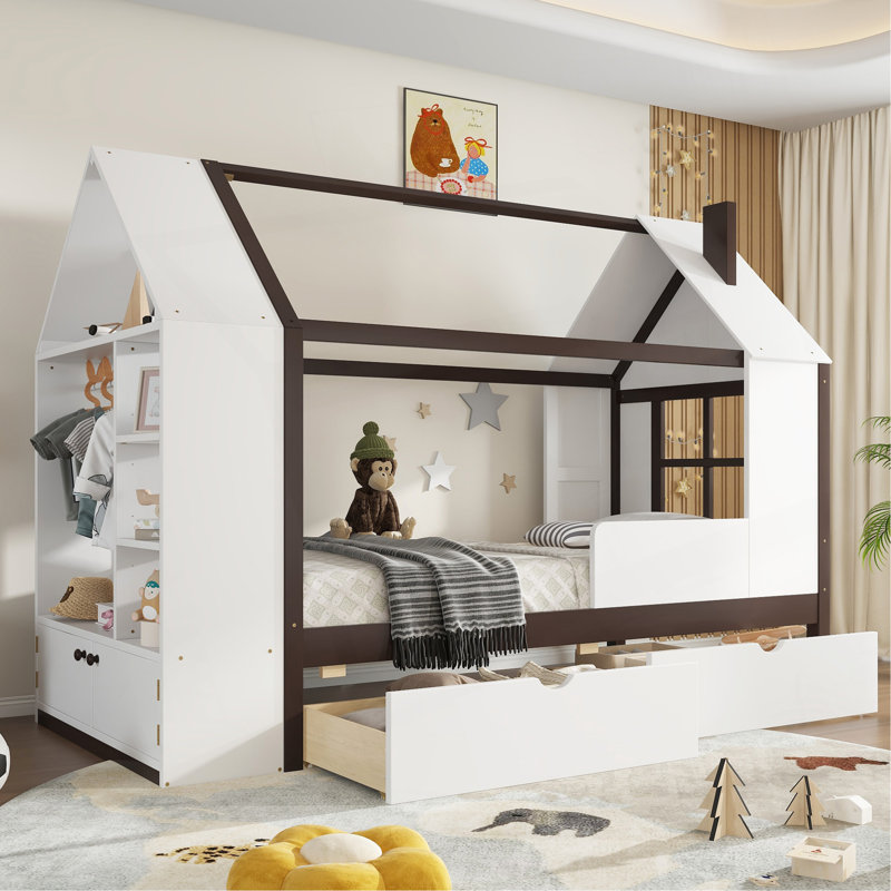 Lit plateforme simple avec tiroirs, lit maison en bois massif avec tablettes, conception enfantine, Blanc antique / Espresso