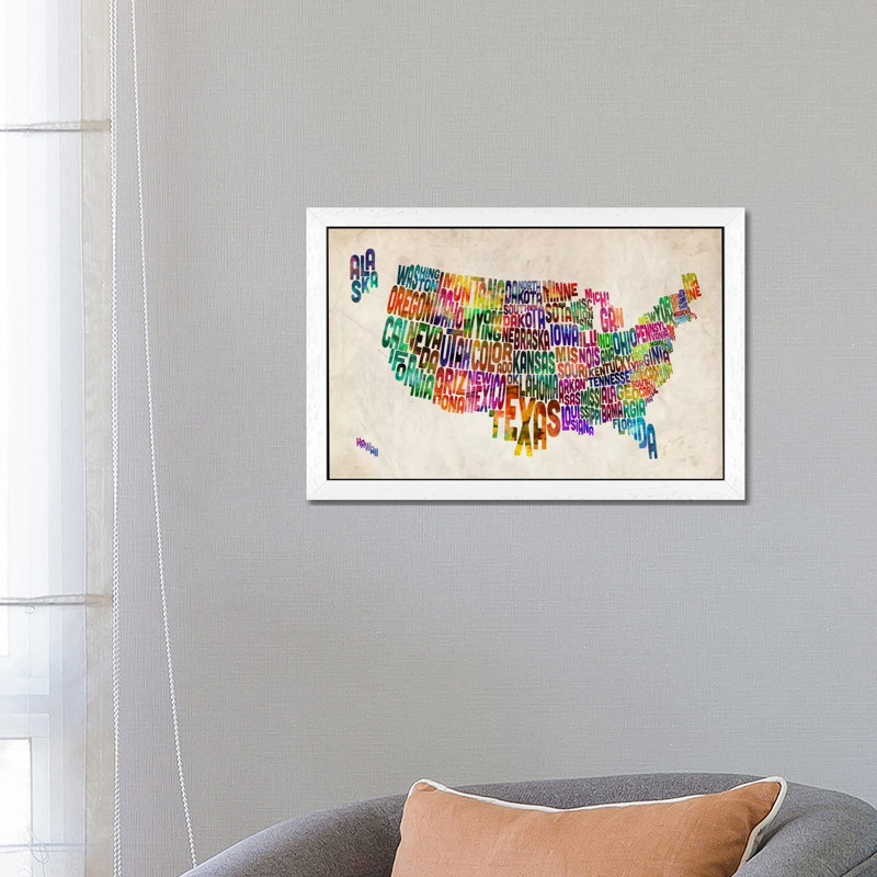 Typographic Text Usa (States) Map by Michael Tompsett - Print on Canvas, 66.04 cm H x 45.72 cm W, White Floater Framed