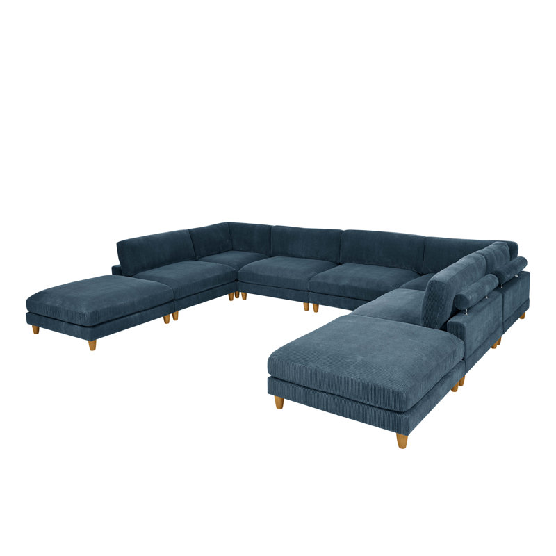 34.00×178.00×133.50 Inch Large Corduroy Modular Sectional Sofa, Customizable Layout & Adjustable Back Support, Corduroy Upholstered Couch With Wooden Legs For Living Room  Dark Blue