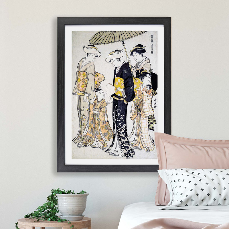 Girl With Attendants by Torii Kiyonaga - Single Picture Frame Painting, Black, 24cm H x 33cm W x 2cm D