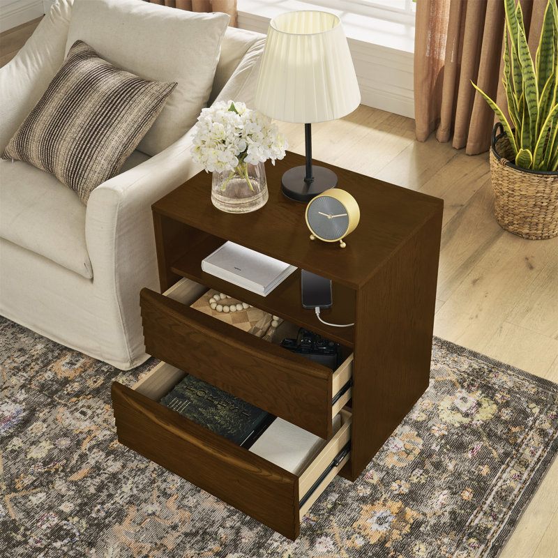 Table de chevet moderne Mid-Century avec station de charge et trou de sortie et 2 tiroirs en bois massif, Noyer