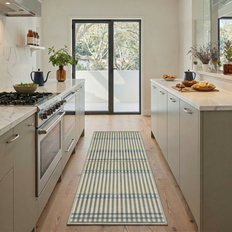 Abdellah Modern Plaid Machine Washable Green/Blue/Beige Indoor Area Rug with Non-Slip Backing, Runner 2' x 6'
