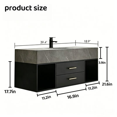 Meuble-lavabo suspendu moderne de 99 cm (39 po) avec lavabo en céramique, comptoir en pierre grise et armoire en MDF noir avec poignées dorées.