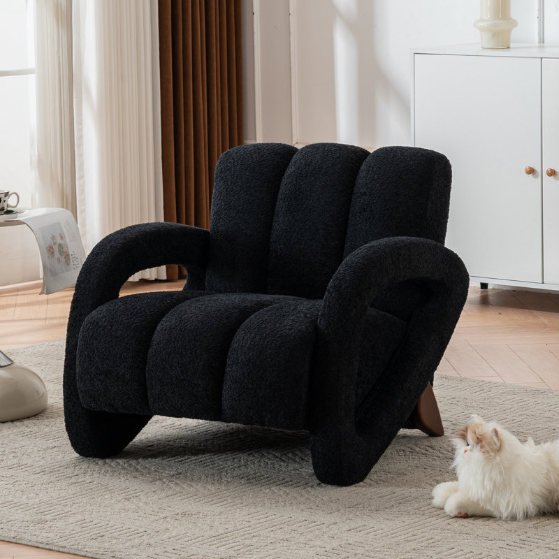 Upholstered Boucle Tufted Armchair with Solid Wood Legs, Black