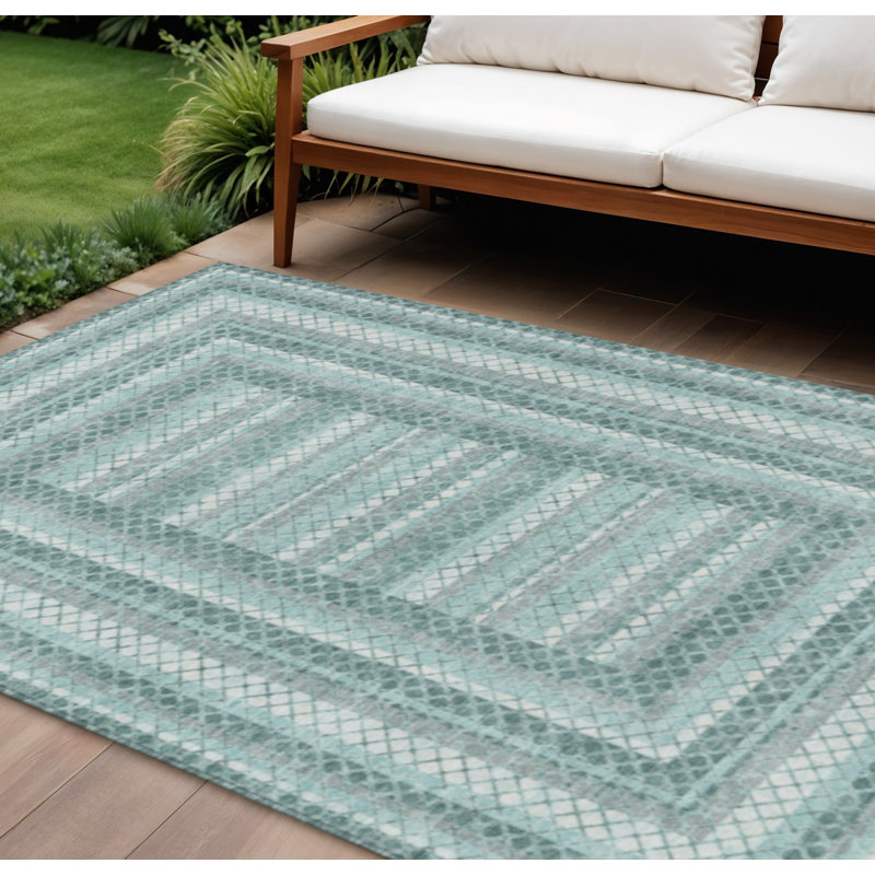 Tapis extérieur bleu sarcelle et ivoire lavable 10 pi x 14 pi bleu sarcelle et ivoire