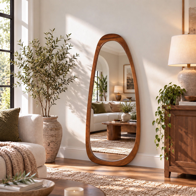 Asymmetrical Wood Framed Accent Wall Mirror, 48" x 22", Brown