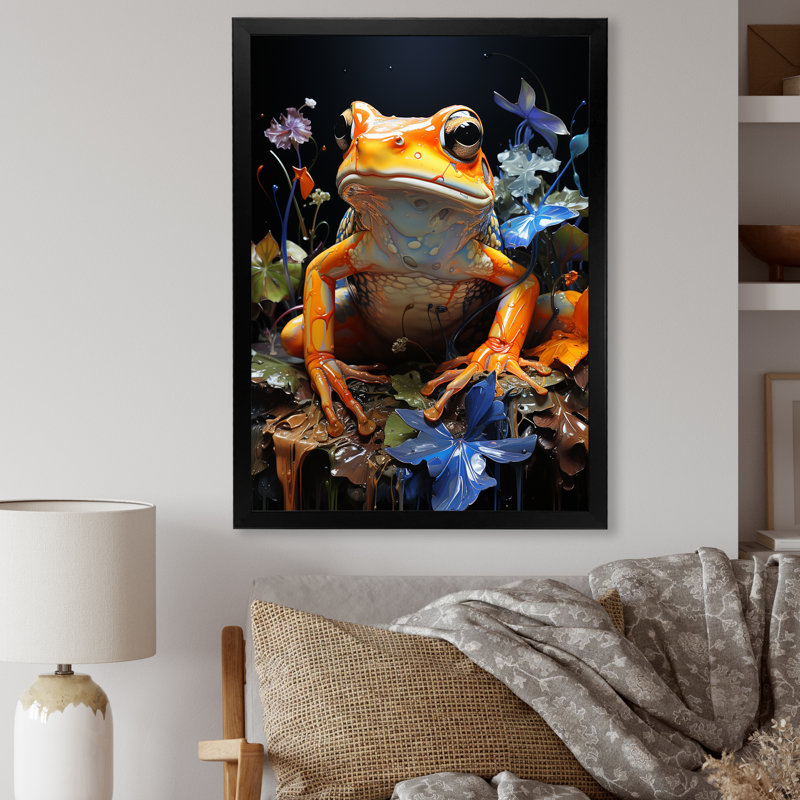 Grenouille orange sur verre, impression sur toile, H 20 po x l 12 po x P 1 po, Cadre simple noir