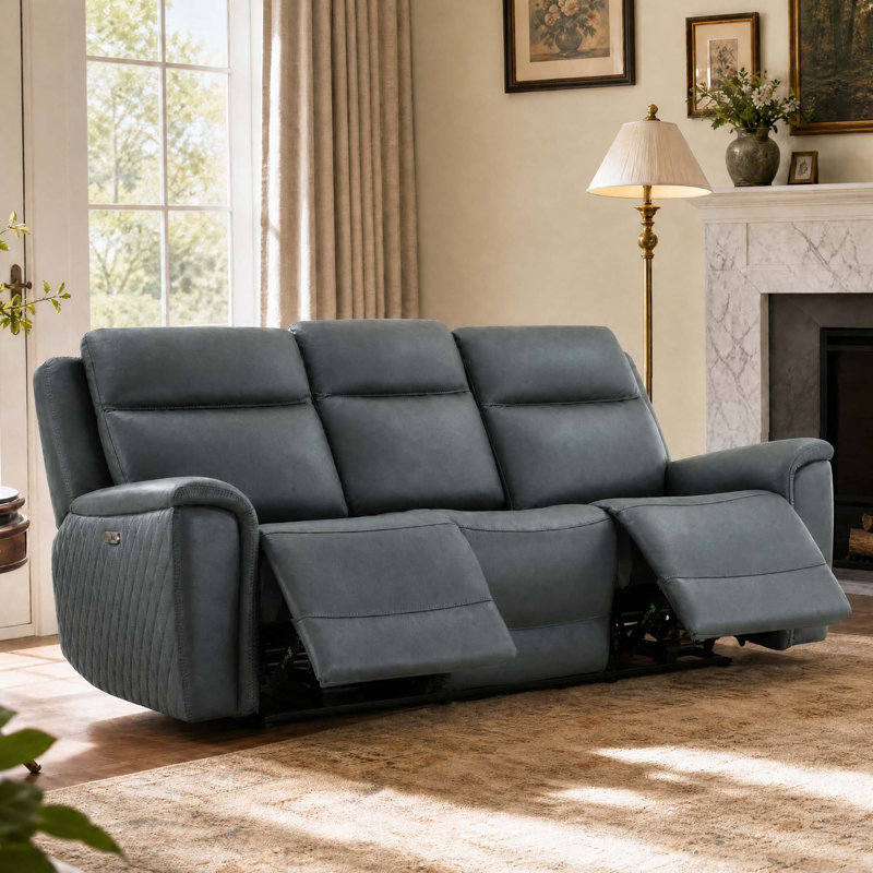 88.6'' Genuine Leather Zero Gravity Power Recliner Sofa with USB Port, Chesapeake Blue