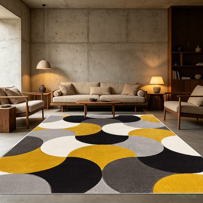 1PC Modern Geometric Overlapping Circle Pattern in Mustard Yellow, Black, Grey and Off-White area rugs for Living Room, Soft and Comfortable, Suitable for all seasons, easy-to-maintain, machine washable Indoor floor mat, Under Table Farmhouse...