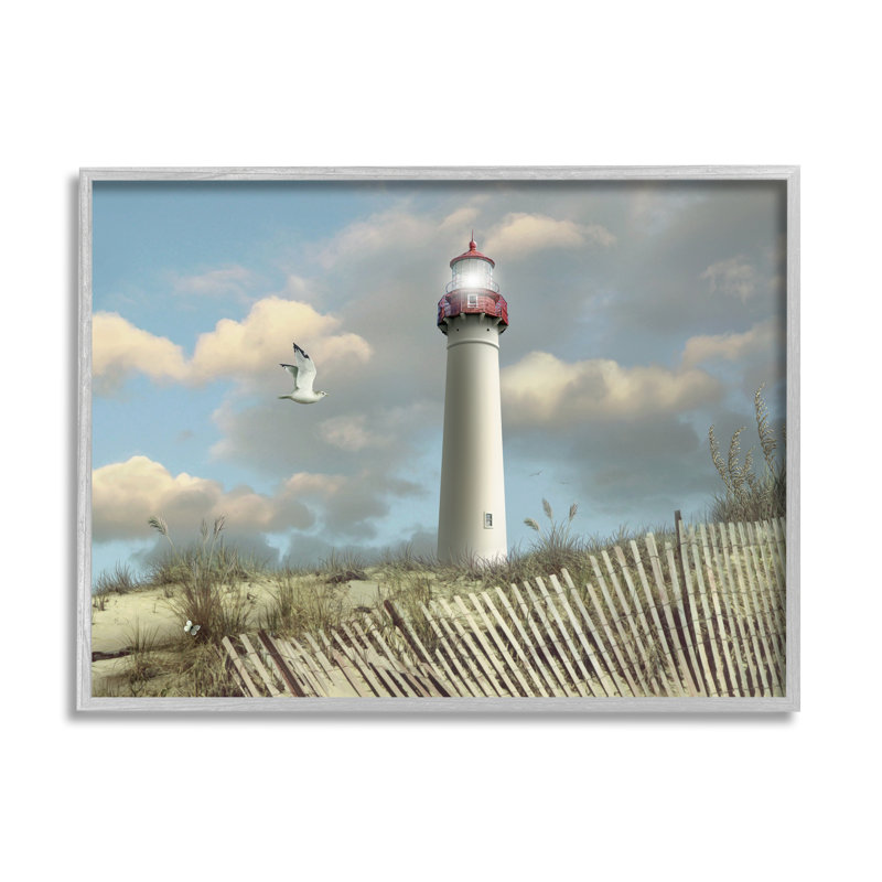 Scène de plage avec phare et dune de sable Cape May, H 16 po x l 20 po, Estampe numérique Farmhouse