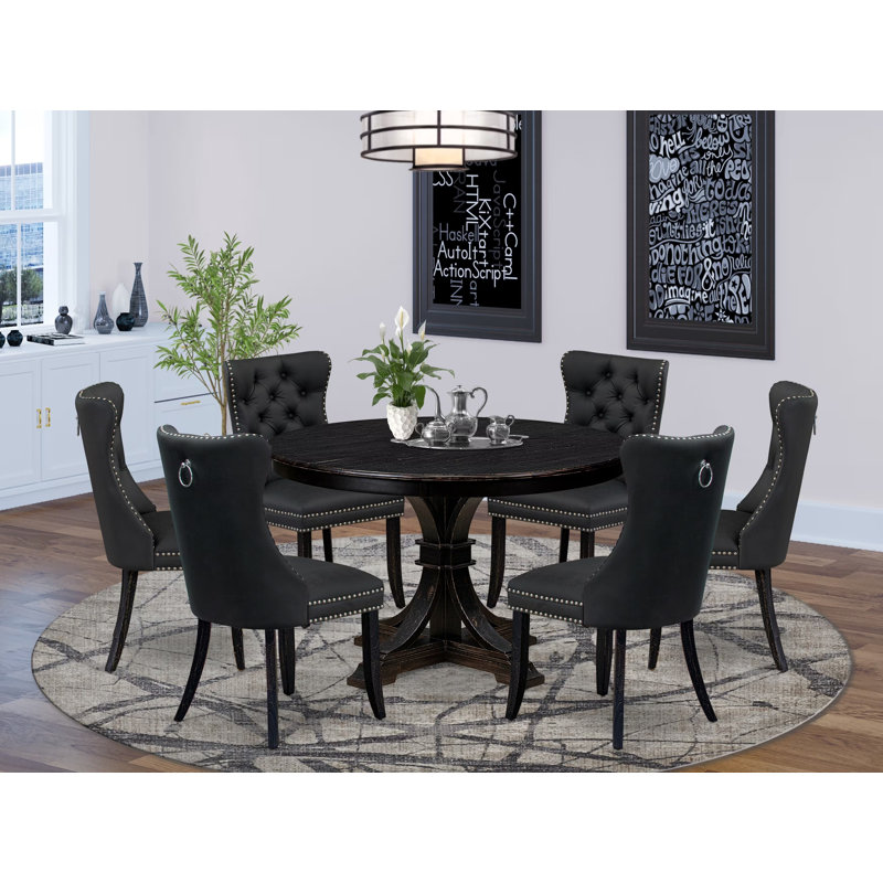 Ensemble de cuisine 7 pièces Mid Century avec similicuir, 6 chaises de salle à manger gris foncé, dossier capitonné et table de cuisine ronde de 48 po au fini noir sablé.