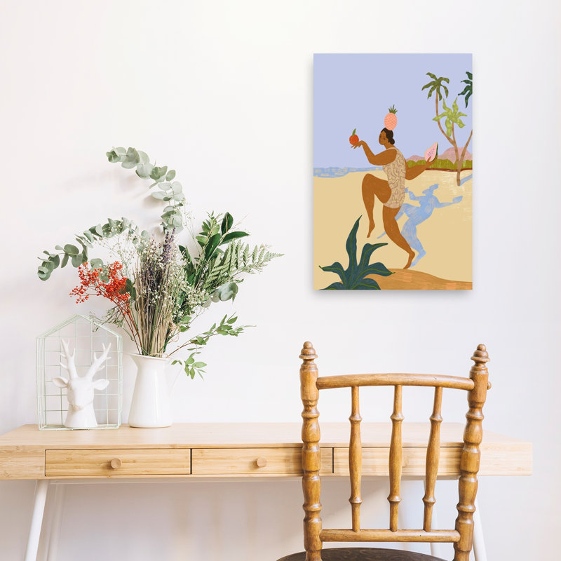 «Balancing Act», impression abstraite de palmiers colorés, océan, 24" H x 16" W