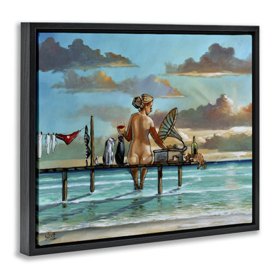 Woman & Cats Beach Sunset Floating Frame, design by Ronald West