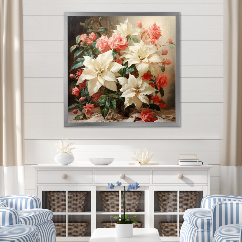 Impression romantique poinsettias, Cadre simple argenté, H 36 po x l 36 po x P 1,5 po