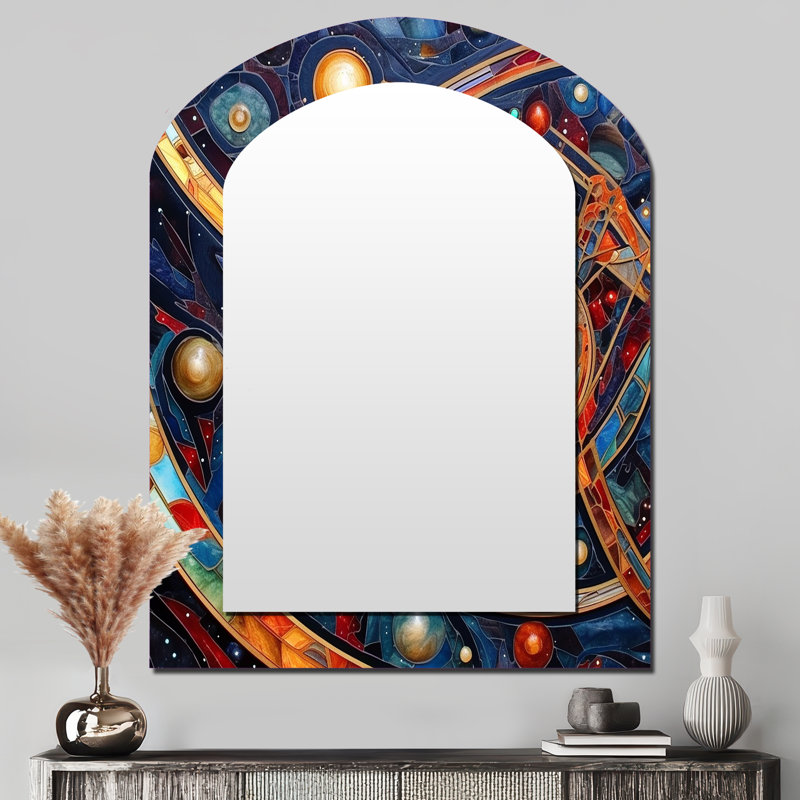 Orange orange bleu galactique I - miroir mural décoratif asymétrique Comets, miroir arqué moderne, impression d'art en métal