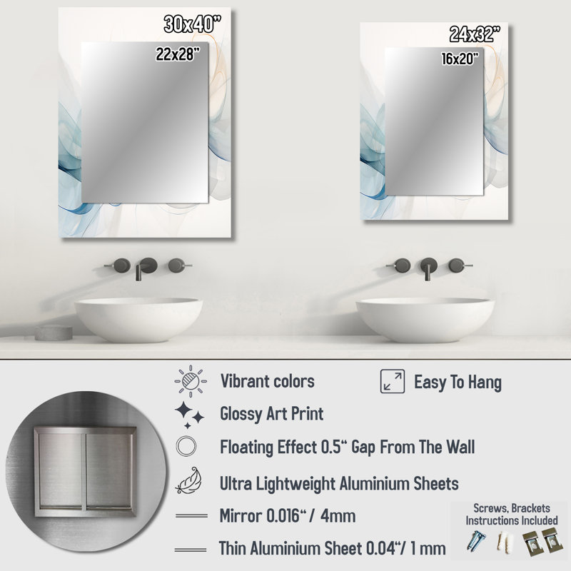 «White Grey Line Art Abstract Calligraphy - Line Art Wall Mirror, White Decorative Mirror, Art imprimé en métal